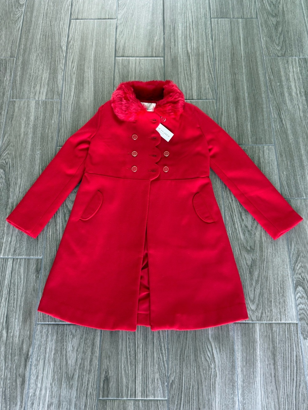 Janie and Jack Red Double-Breasted Coat with Faux Fur Collar